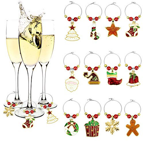 EMAGEREN 12 Stück Weinglas Charms Weihnachten Aluminium Glasmarkierer Weihnachten Getränke Marker 3 Farben Glas Markierung Glasmarker Weinglas Charm Ringe Charms Anhänger für DIY Handwerk Party