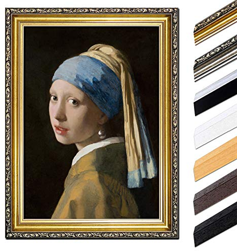 Bild mit Rahmen - Jan Vermeer Das Mädchen mit dem Perlenohrgehänge 40x50 cm - Gerahmtes Leinwandbild Alte Meister - Antiker Rahmen Gold Barock, Klassisch