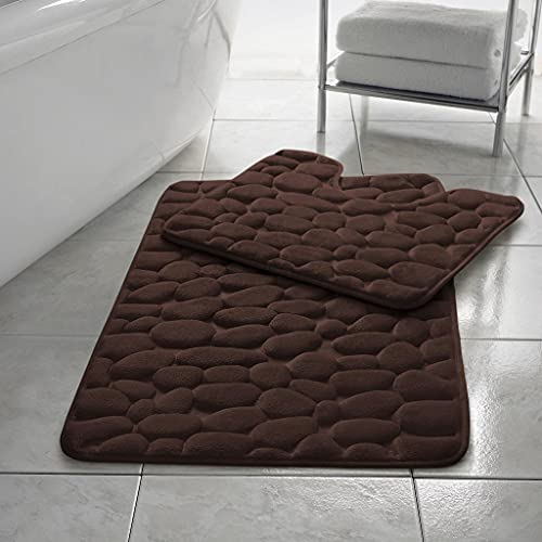 Comfort Collections Memory Foam Pebble Bath Mat Set Pedestal Bathroom Rug 2 Piece Soft Absorbent Non Slip Chocolate Bath Mat (50CM X 80 CM) & Pedestal Mat (50CM X 40 CM) Approximate