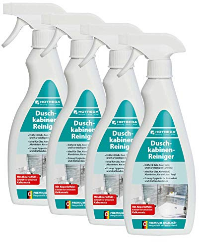 HOTREGA Duschkabinenreiniger 4x 500 ml | Kalkentferner löst selbst hartnäckigen Schmutz aus Seife & Kalk | Wirksam und schonend | Mit Abperleffekt