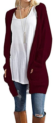 GRECERELLE Women's Long Cardigans Chunky Knit Boyfriend Jumpers Cardigan with Pockets Ladies Loose Long Sleeve Knitwear Oversized Sweater Cardigan for Autumn Winter Spring (Wine Red, M)