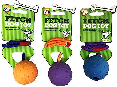 3 PACK GOODBOY FETCH DOG TOY BOUNCY PIMPLED RUBBER BALL ON ROPE THROW 08986