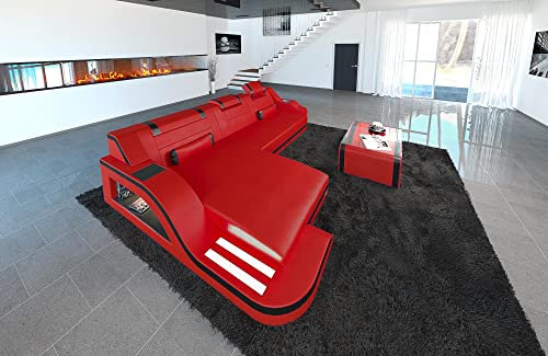 Ledersofa Palermo L Form Sofa - mit LED Beleuchtung, verstellbare Kopfstützen, Recamiere/Lederfarben wählbar/Ausrichtung wählbar (Ottomane links, Rot-Schwarz)