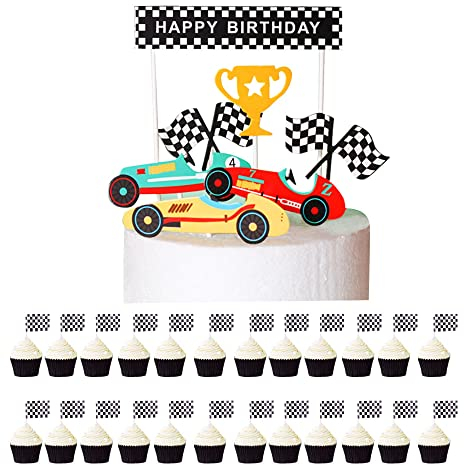 Ungfu Mall Rennwagen Geburtstag Dekoration Rennwagen Cupcake Topper Karierte Rennflagge Zahnstocher Cupcake Picks Kuchendekoration Partyzubehör Rennwagen Kuchendeckel Dekorationen Partyzubehör