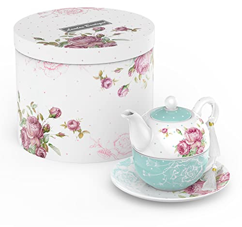 London Boutique Tea for One Teekanne Teetasse Untertasse Set Nachmittagstee Set für 1 New Bone China Vintage Flora Geschenk für Frauen 350m (Türkis)