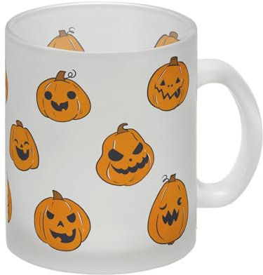 Glas Tasse im Halloween Design - mit vielen lustigen geschnitzten Kürbisköpfen ein lustiges Geschenk zu Halloween wenn du beim Süßes oder Saures einen Glühwein oder einen Punsch
