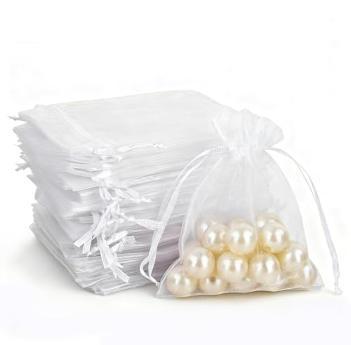 MAOOY Organzasäckchen 7x9 cm Weiß 100 Stück Organza Säckchen Zum Befüllen Klein Organzabeutel Schmuckbeutel Beutel für Gastgeschenke Hochzeit Taufe Weihnachten Geschenkbeutel Traubenschutzbeutel