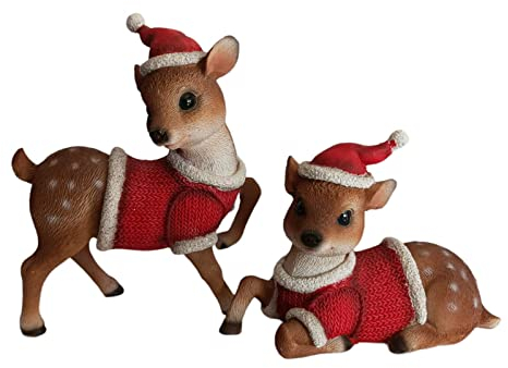 Aspinaworld Weihnachtsdeko, REH Figur mit Mütze und Pulli 2er Set 21 cm, Weihnachtsfigur, Rentier Figur, Wohnzimmer Deko, Tierfigur