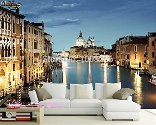 Carta da parati di sfondo TV in rilievo di arenaria di loto senza cuciture notte di Venezia Personalizza murales Carta da parati fotografica * 200 cm x 140 cm (78,7 x 55,1 pollici)