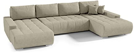 FEDVE Ecksofa mit Schlaffunktion Beige - Dhaka – Praktisches Schlafsofa mit Bettkasten – Gemütlich Rückenkissen Sofa mit Bettfunktion – Sofa U Form zum Salon für Viele Jahr
