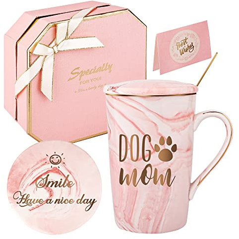 Hundemutter Tasse Hundemutter Kaffeebecher Hundegeschenke für Hundemama Hundeliebhaber Geburtstag Muttertag für Hundemama von Tochter Sohn 420ML mit Geschenk-Set (rosa-Hundemama)