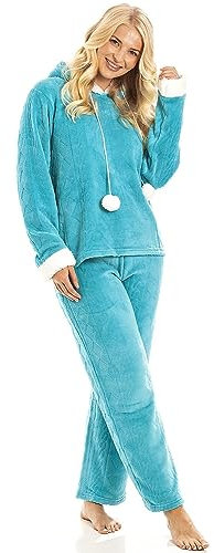 Camille Women's 2 Piece Super Soft Pyjama Set - Thick Luxury Fleece Full Length PJ Set -Long Sleeved with Elasticated Waist & Sherpa Lined Hood Light Blue 10-12