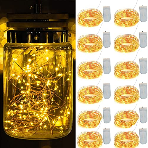 Voarge 12 Stück LED Lichterkette Batterie Betrieben, 20 LEDs Micro Kupferdraht Lichter, 2M Warmweiß Kupfer Drahtlichterkette Wasserdicht ür Weihnachten,Party, Mini led lichterkette