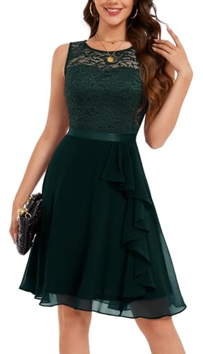Berylove - Vestido de cóctel elegante con dobladillo de volantes para mujer, para boda, vestido de noche corto, verde oscuro, XS