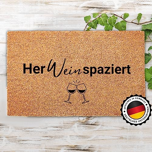ElbFuchs Fußmatte Kokos 60x40cm Herweinspaziert I Extra langlebige & rutschfeste Kokosmatte für Innen & Überdachte Außenbereiche I Lustige Türmatte mit Wein Motiv I Ideal als Schmutzfang