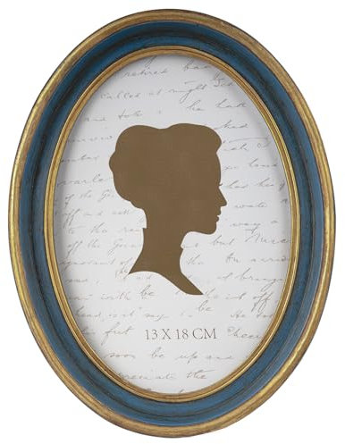 AELS Cadre photo vintage 12,7 x 17,8 cm, élégant cadre photo antique avec façade en verre, affichage photo, suspension murale, idée cadeau, ovale bleu avec bordure dorée
