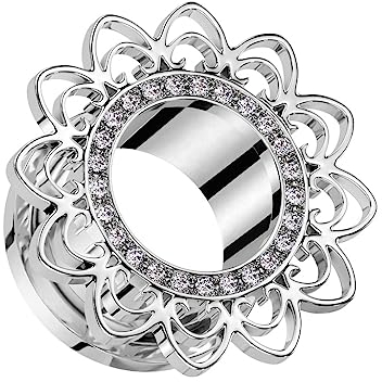 beyoutifulthings Ohr-Tunnel Silber Filigrane Herzen Zirkonia-Ring Chirurgenstahl Ohr-Piercing Ohr-Schmuck Plug Screw Fit Schraub-Verschluss 10-mm