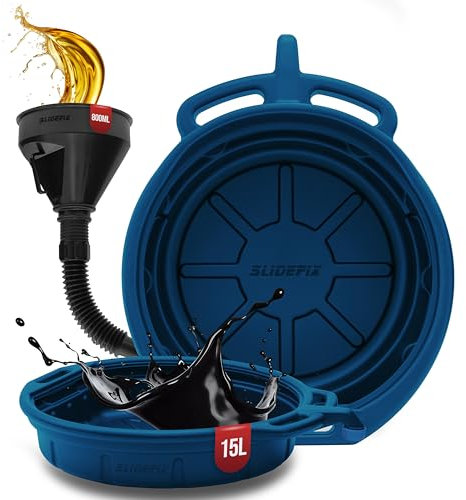 slidefix Ölauffangwanne für Ölwechsel 12cm Höhe Ölwechselbehälter mit Ausguss & Halterungen. Ölablasswanne aus Kunststoff 15l für Öl-Wechsel Altöl inkl. Einfülltrichter 800ml, robuste Ölwanne blau.