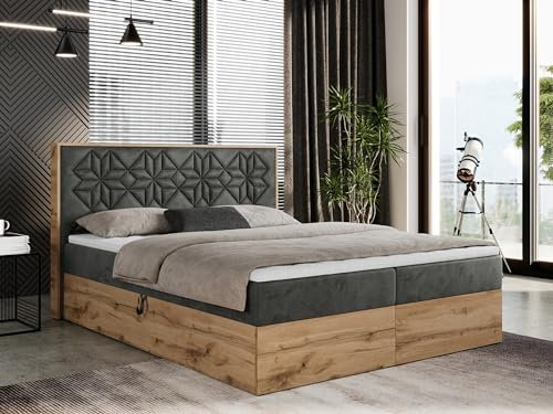 MKS MEBLE Boxspringbett 180x200 mit Bettkasten, Polsterbett 180x200 mit Matratze H3, Boxspringbett 180x200 mit Kopfteil, Boxspringbett mit Massivholz - Nessi - Dunkelgrau Velvet - H3