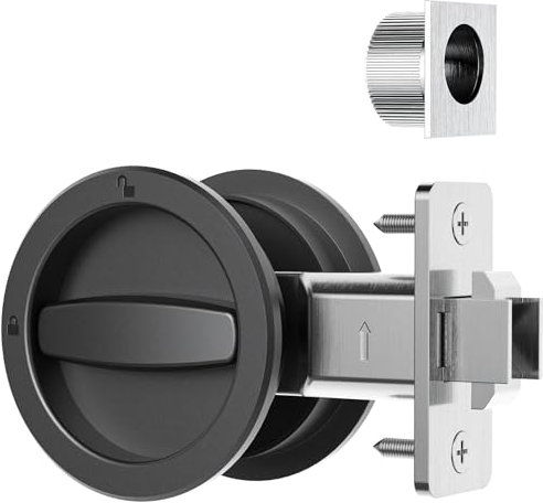 AST Round Pocket Door Lock with Edge Pull, Sturdy Privacy Bifold and Cavity Sliding Door Lock with Flush Pull, Replacement Hardware with Latch, Made of Zinc Alloy, Matte Black
