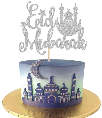 Xsstarmi 1 Pack Eid Mubarak Cake Topper Glitter Hajj Mubarak Eid Cake Pick Islamic Muslim Cake Decorations for Eid Mubarak Festival Ramadam Kareem Party Supplies Silver