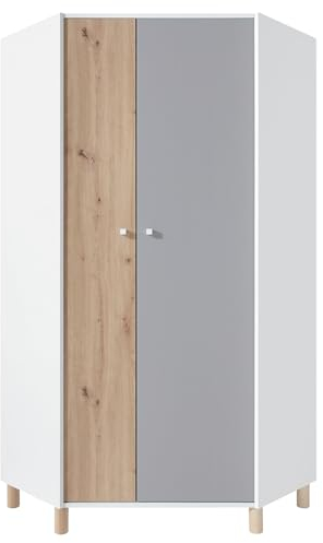 Lomadox Jugendzimmer Kleiderschrank Eckkleiderschrank in weiß mit Eiche und grau