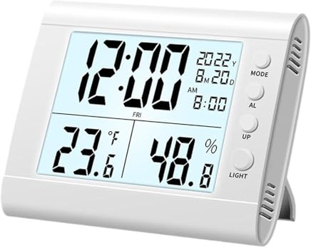 Sharplace Weiße Digitale Uhr mit Thermo-Hygrometer | Große LCD-Anzeige, integrierter Wecker mit Alarm und Dusche-Timer, geeignet für Küche, Badezimmer und Haushalt