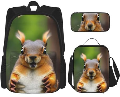 HJLUUFT Lustiges Eichhörnchen-Rucksack-Set, 3-teilig, große Schultasche mit Lunchbox und Federmäppchen, Rucksack-Set, stilvoll und praktisch