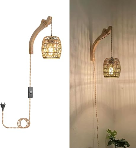 YIKEGE LICHT Wandleuchte mit Stecker Schalter Boho Rattan Lampenschirm Innen 300cm Kabel E27 Holz Wandlampe mit kabel für Steckdose Flurlampe Wandstrahler Kinderzimmer Schlafzimmer Treppenhaus Flur