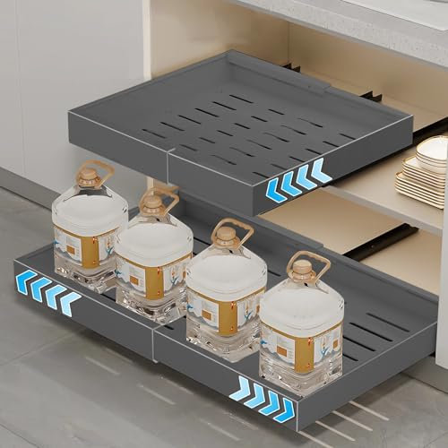 PURASKER Pull Out Kitchen Storage 1Pcs, Slide Out Drawer for Cupboard, Expandable Pull Out Cabinet Organiser, Storage Shelf with Adhesive Film and Nails (32-52CM W* 42CM D * 6CM H) (Gray)