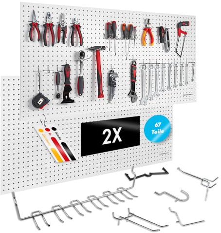 Pegboard 2x Werkzeugwand aus Holz (MDF) inkl. 67-teiligem Hakenset - 120x60x0,5cm weiß/braun, Ø7mm Löcher & 25,4mm Lochabstand - für Werkstatt und mehr - FSC-zertifiziert & Made in Germany
