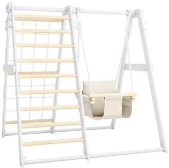 Jeflex KidsMaxx K1 Eco Klettergerüst aus Holz – Indoor Spielturm für Kinder bis 4 Jahre mit Schaukel, Netzschacht & Turnleiter – platzsparend, sicher & nachhaltig – Indoor-Sportgerät ab 1 Jahr