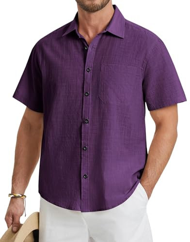 HISDERN Camicia Lino Uomo Manica Corta Estiva Spiaggia Vacanza Camicia Viola Solido con Bottoni Regular Fit 2XL