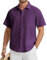 HISDERN Camicia Lino Uomo Manica Corta Estiva Spiaggia Vacanza Camicia Viola Solido con Bottoni Regular Fit 2XL