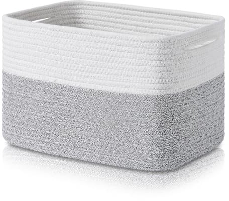 Homsorout Aufbewahrungskorb Geflochten - Korb Aufbewahrung Körbchen Wickeltisch Organizer, Stapelbare Speicher Storage Basket für Kinderzimmer, Badzimmer, Wohnzimmer, 1er Set, Weiß und Grau