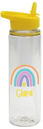 eBuyGB Personalised Rainbow Flip Straw Bottle, Coloured Lid, Children’s Drinks Bottle, Primary School, Nursery Water Bottle, Back To School Bottle (Yellow)