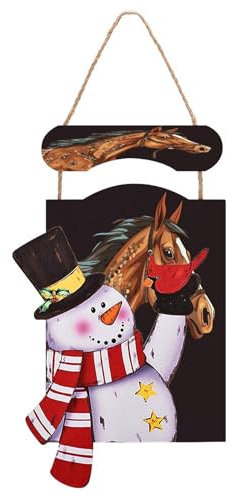 SKTNBM Weihnachts-Wanddekoration aus Holz, zum Aufhängen, braunes Pferd, Winter-Schneemann, Wandkunst, Weihnachtsschneemann, hängende Malerei