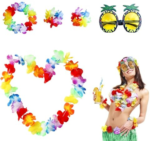 Hawaii Ketten,Hawaii Deko,Blumenkette,4 StüCk Hawaiianische Girlanden Und 1 Ananas-Sonnenbrille,Hawaii Blumenketten Hula Halskette Lei,FüR Kleid,Party Favors,Strand Und Themenbezogenen Geburtstage