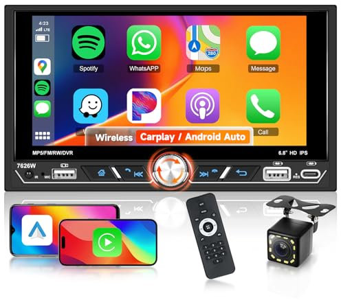 Double Din Car Stereo with Apple Carplay Wireless Android Auto FM/AM/RDS, Hodozzy 6.8 inch HD IPS Touchscreen 2 Din Car Radio with Bluetooth 5.2 EQ SWC HD Camera+USB/Type-C Ports+Remote Control