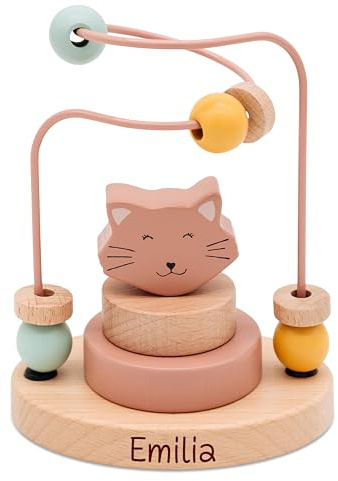 wunderwunsch Trixie Motorikschleife als Baby Geschenk, Geschenke zur Geburt, Babyspielzeug, Personalisierte Geburtstagsgeschenke, Montessori Spielzeug mit Personalierung (Katze, mit Name)