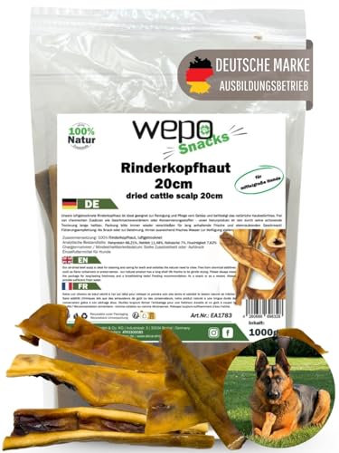 WEPO Peau de tête de bœuf pour chien de grande taille 1 kg – Friandise à mâcher pour chien – Cuir de tête de bœuf séché 20 cm – Snacks & Treats – Nettoyage naturel des dents naturel et sain (1 kg)
