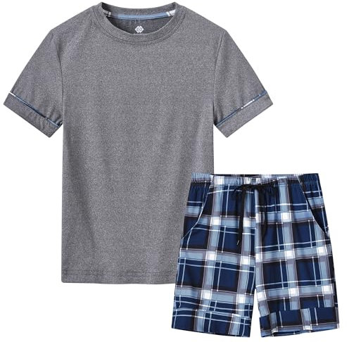 MoFiz Pyjama Garcon Court Ensembles de Pyjama Short Ete Doux Vêtements de Nuit Manche Courte Hauts de Pyjamas Short à Carreaux Gris M(140-152)