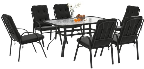 Outsunny 7 Pieces Garden Dining Set Outdoor Square Dining Table Black | 6 ushioned Armchairs, Tempered Glass Top, Umbrella Hole, Texteline Seats