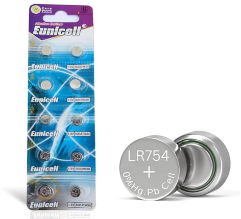 Pack of 10 - LR754/AG5 Eunicell 1.5V Button Coin Cell Alkaline Batteries - Suitable for use in LED lights, Digital Voice Recorders, Toys, Blood Glucose, Cholesterol Testing, Meters, Toys