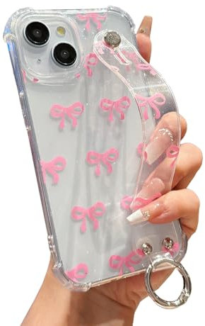 LLZ.COQUE for iPhone 14/13 Glitter Bow Case, Adjustable Hand Strap Stand Clear Cover for Girls Women, Transparent Four Corners Drop Protection Phone Case for iPhone 14/13,Bow