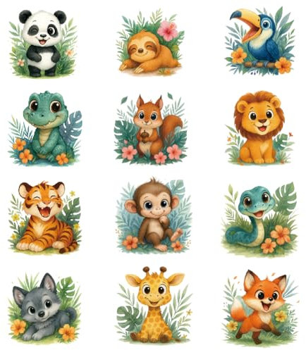 SUPERDANT 12PCS Cute Floral Animals Iron On Transfer Patches Cartoon Animals Heat Transfer Stickers DIY Iron On Decals Washable Heat Transfers Paper for Kids Clothing T-Shirt Backpacks Bag Pillow