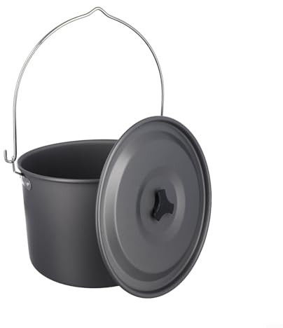 Pot de camping suspendu de 8 L pour 4 à 6 personnes, batterie de cuisine en aluminium avec support stable pour pique-nique et barbecue