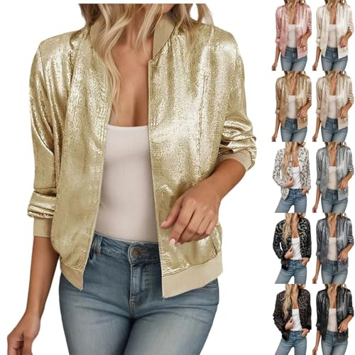 Bomberjacke Damen Kurze Glitzer Blouson Herbst Jacke Leichte Sweatjacke mit Reißverschluss Pailletten Pilotenjacke Stehkragen Outwear Kurz Coat Übergangsjacke Fliegerjacke Karneval Party Kostüm