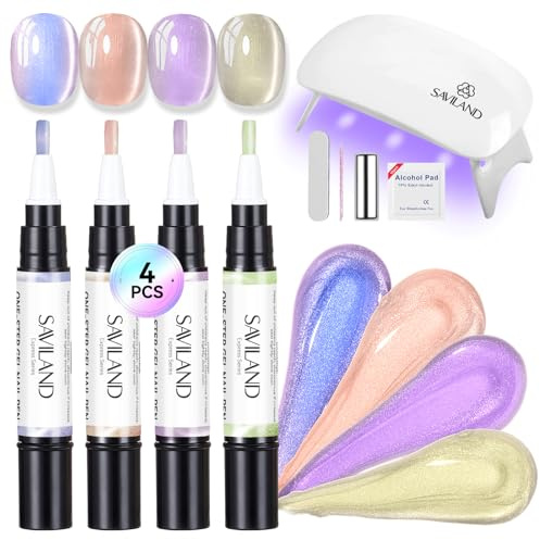 SAVILAND 3-in-1 Gel Nail Polish Pens Set: 4 Colors Cat Eye Nail Polish Pens | Flash Nail Varnish Pens with U V Light, Fast Curing for Polarized Cateye Gel Polish, 4 ML Home Use Travel DIY Nail Beginners