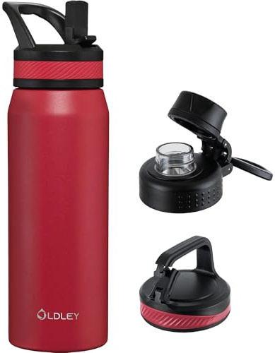 OLDLEY 750ml Insulated Water Bottle with Straw, Stainless Steel Water Bottles with 3 Lids & Handle, BPA Free Leakproof Thermal Metal Drink Flask Keep Hot and Cold for Sports, Gym, Hiking (Red)